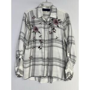 Blue Rain Floral Embroidered White Plaid Button Down Shirt Flannel Women’s M